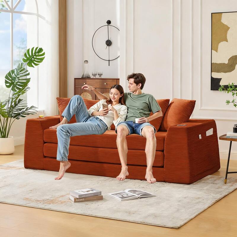 2 in 1 Convertible Sofa Bed, Sleeper Sofa with Storage Pockets, Pull Out Loveseat Couch with Two Cup Holders