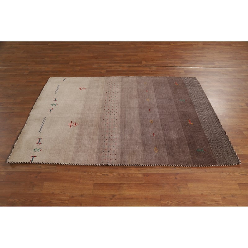 Hand Knotted Oriental 100% Wool Carpet Tribal Stripe Brown Gabbeh Area Rug - 5' 10'' X 4' 2''
