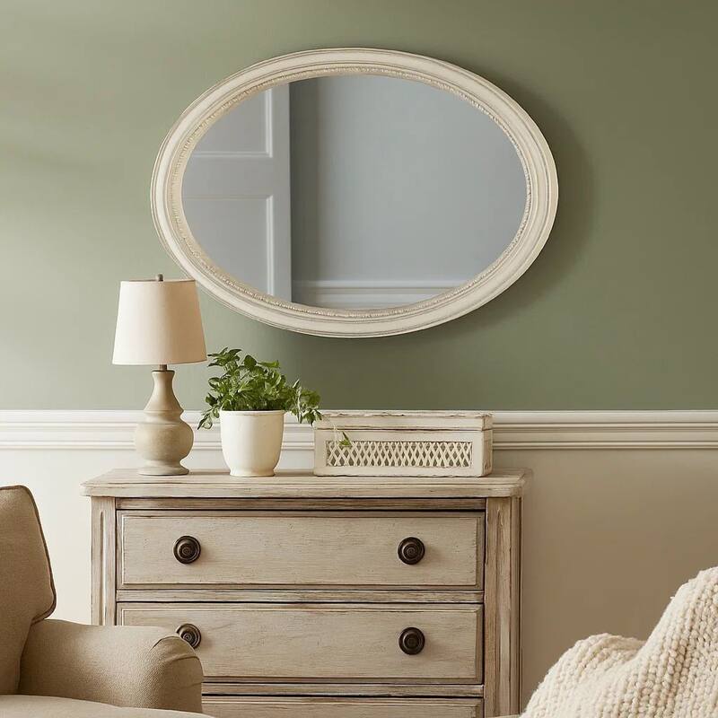 Oval Shaped Wooden Mirror with Molded Details, Antique White