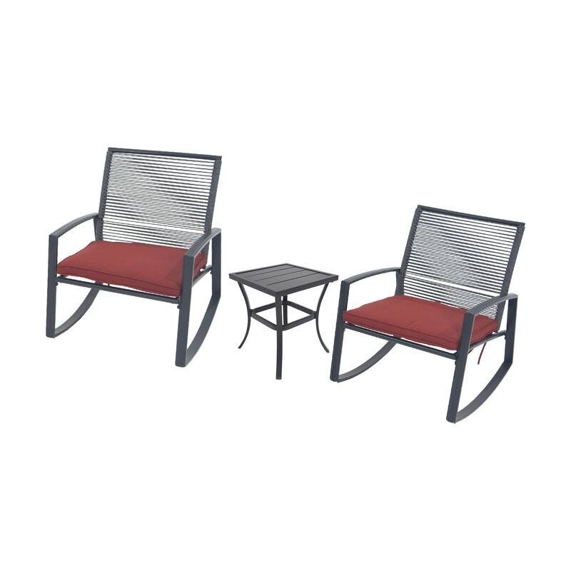 Domi Outdoor 3-Piece Wicker Rocking Chair Set, Patio Conversation Set with Removable Textilene Cushions & Metal Coffee Table