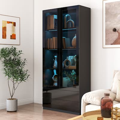 Display Storage Cabinet with Glass Doors, with 2-Drawer