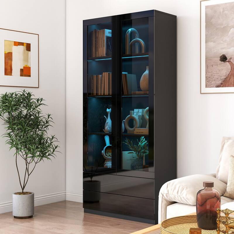 GDF Studio - Poll Modern 70.87" Tall Display Cabinet with Glass Doors, LED Lights, and Drawers - 2-Drawer