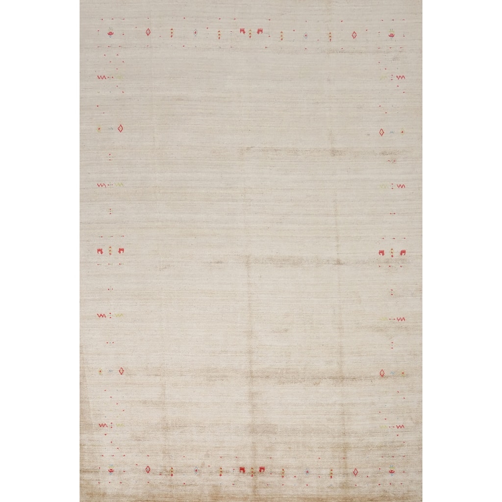 Hand Knotted Oriental Viscose Silk Carpet Tribal Animal Pictorial Beige & Ivories Gabbeh Area Rug - 11' 10'' X 8' 10''