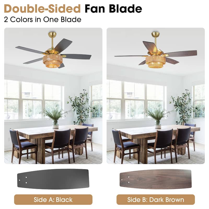 52" Farmhouse Natural Rope Reversible 5-Blade Gold Ceiling Fan with Remote
