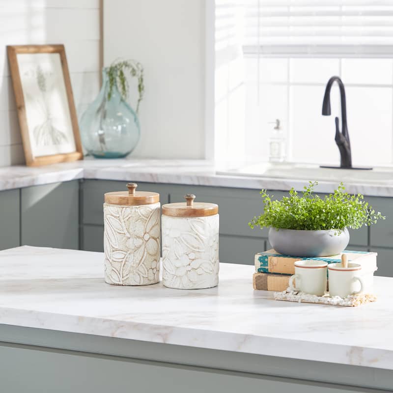 Ceramic Handmade Intricately Carved Decorative Jars with Wood Lids - Set of 2 White - Roche River Decor - 6"W x 11"L x 10"H
