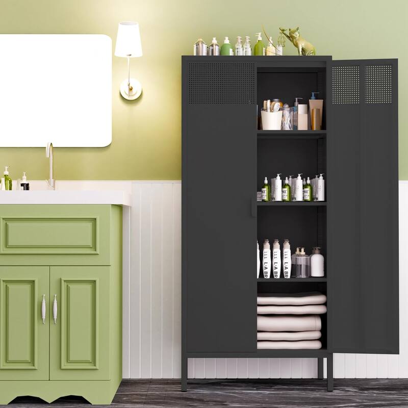 Modern Metal Pantry Cabinet with Magnetic Doors & Adjustable Shelves, Sideboard Cabinet with Non-Slip Adjustable Feet - Black