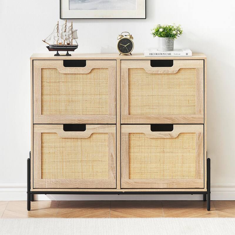 Natural Rattan 4 Flip Door Shoe Cabinet Organizer Freestanding