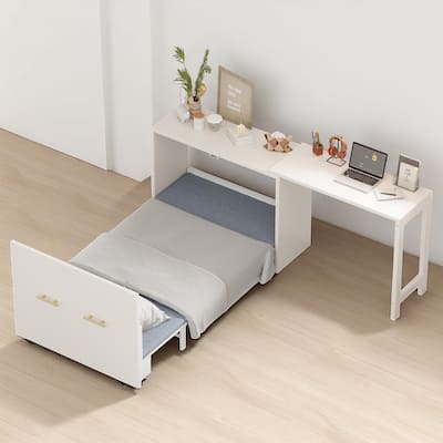 Convertible Twin Murphy Chest Bed with Adjustable L-Shaped Desk and Built-in Cushion for Small Rooms
