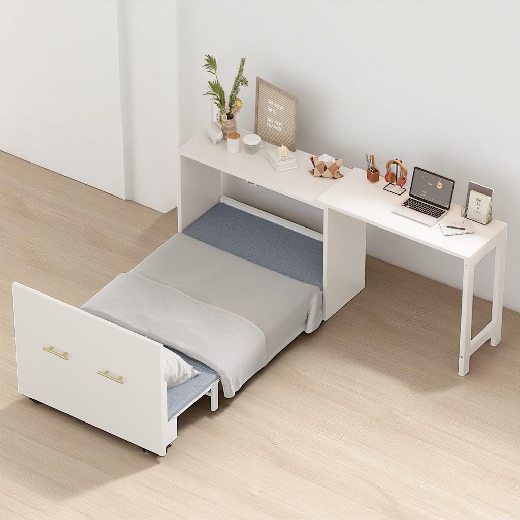 Convertible Twin Murphy Chest Bed with Adjustable L-Shaped Desk and Built-in Cushion for Small Rooms