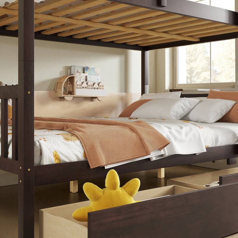 Full Over Full Rubber Wood Bunk Bed with 2 Storage Drawers, Convertible into 2 Full Beds, Ladder and Safety Guardrails