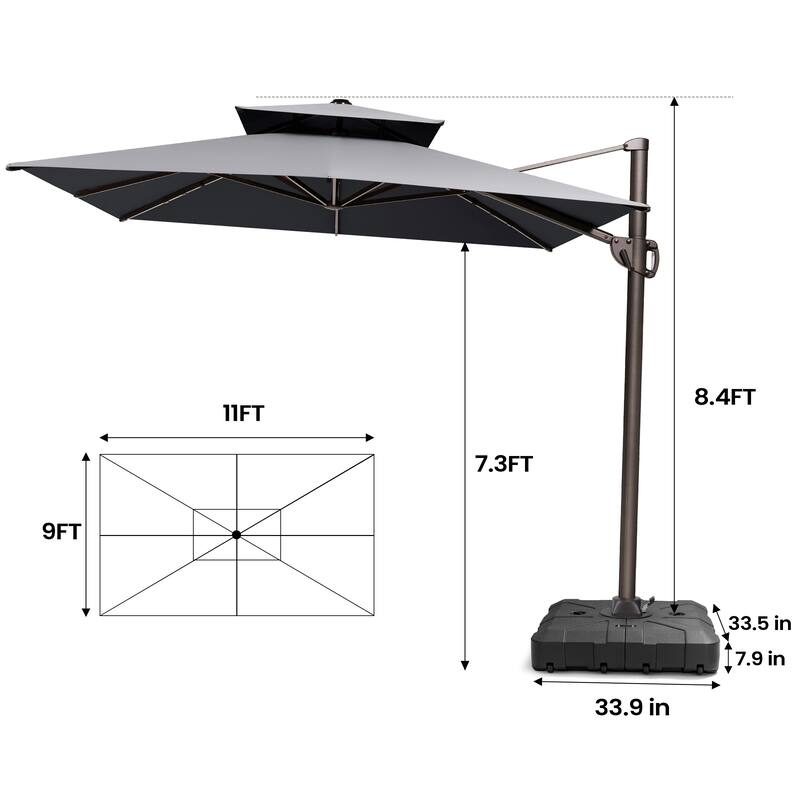 Pellebant 9X11FT Outdoor Dual Top Patio Umbrella Cantilever Offset with Base