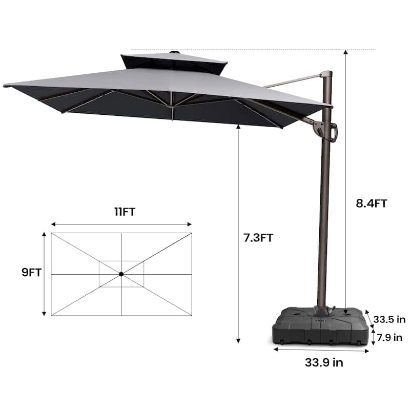 Pellebant 9 FT x 11 FT Outdoor Double Top Patio Cantilever Offset Umbrella with Base Stand