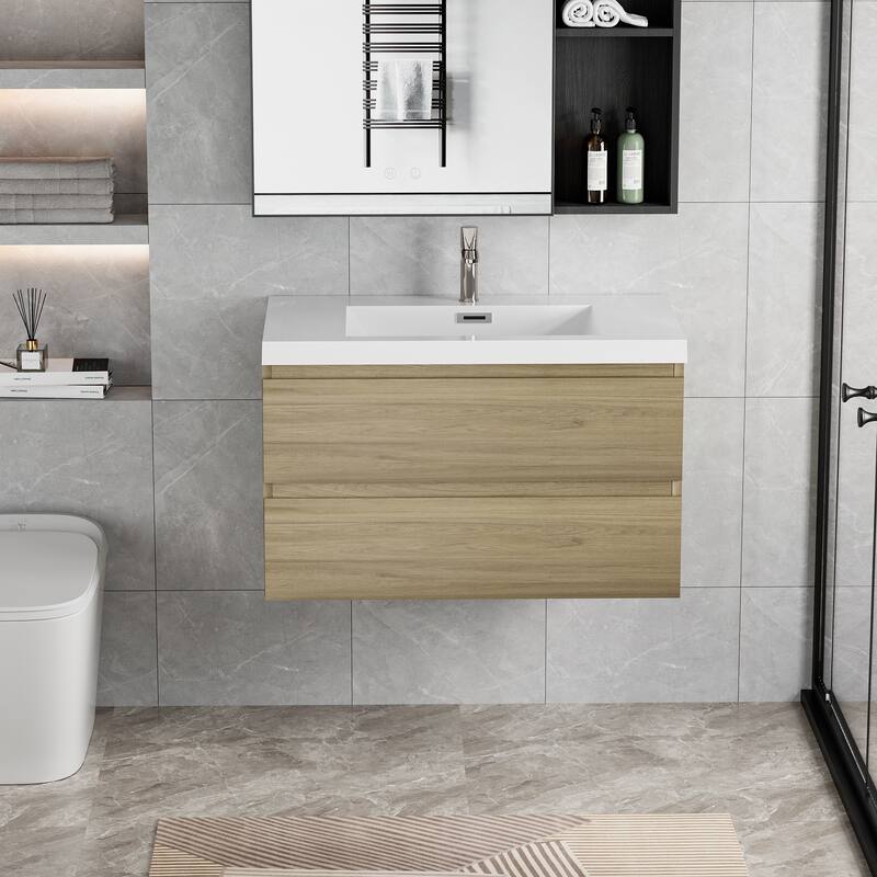 36" Wall-Mounted Floating Bathroom Vanity with Glossy White Resin Sink, Soft Close Drawers, Natural Oak Cabinet - 35.43in L Wood - 35.43in L Oak