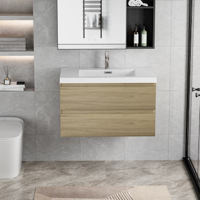 36" Wall-Mounted Floating Bathroom Vanity with Glossy White Resin Sink, Soft Close Drawers, Natural Oak Cabinet