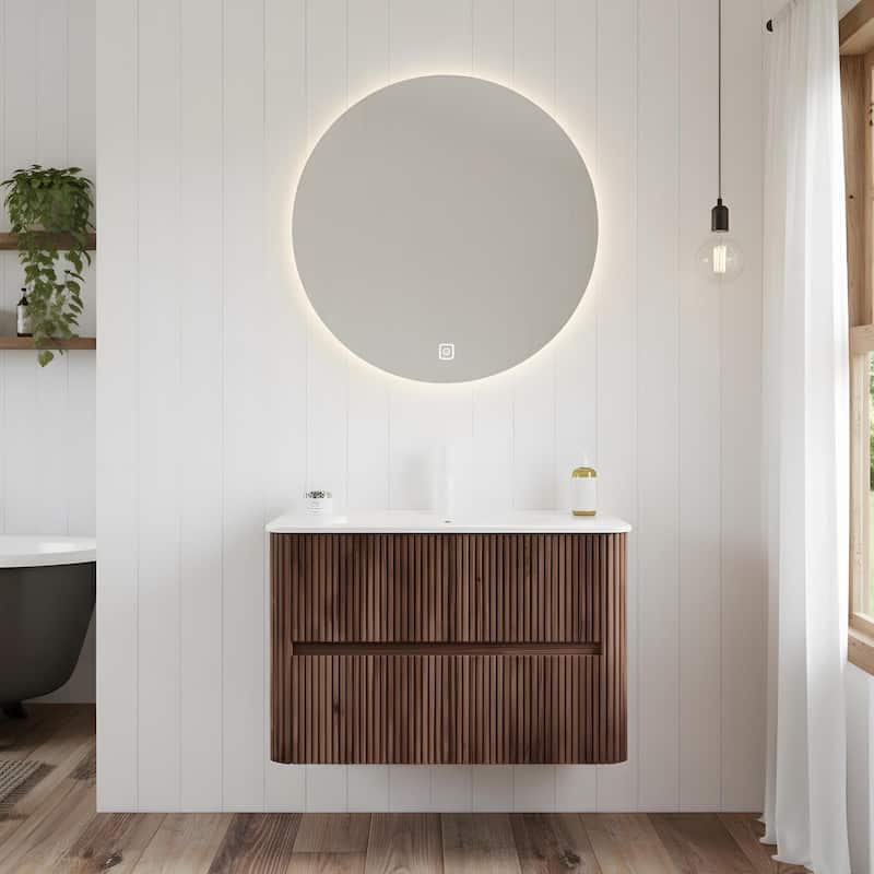 Floating Stripe Bathroom Vanity with Ceramic Sink - 30 - Deep Walnut