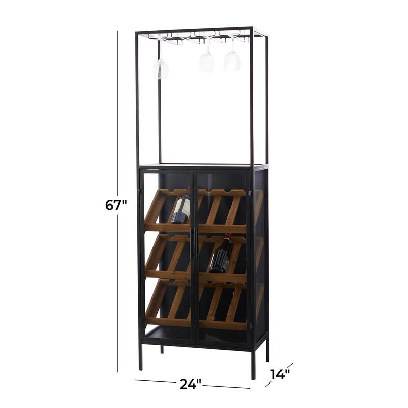 Black Wood 15 Bottle Storage Standing Wine Rack with Wine Glass Holders and Wood Accents