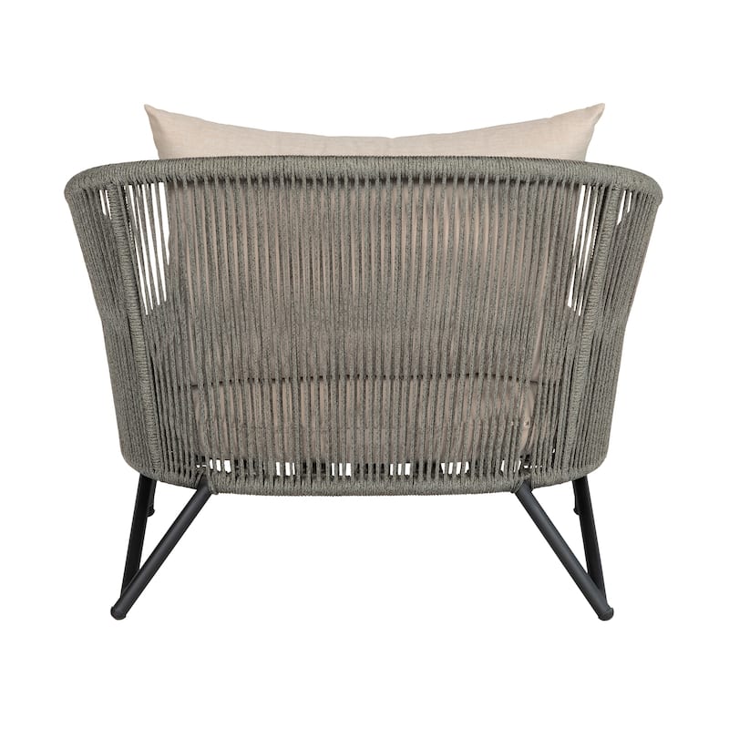 Benicia Outdoor Patio Club Chair in Black Steel with Gray Rope and Taupe Olefin Cushions