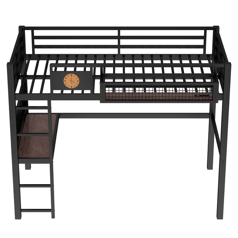 Metal Loft Bed with Desk & Storage Basket, Includes Alarm Clock & Charging Port, Queen/Full/Twin XL