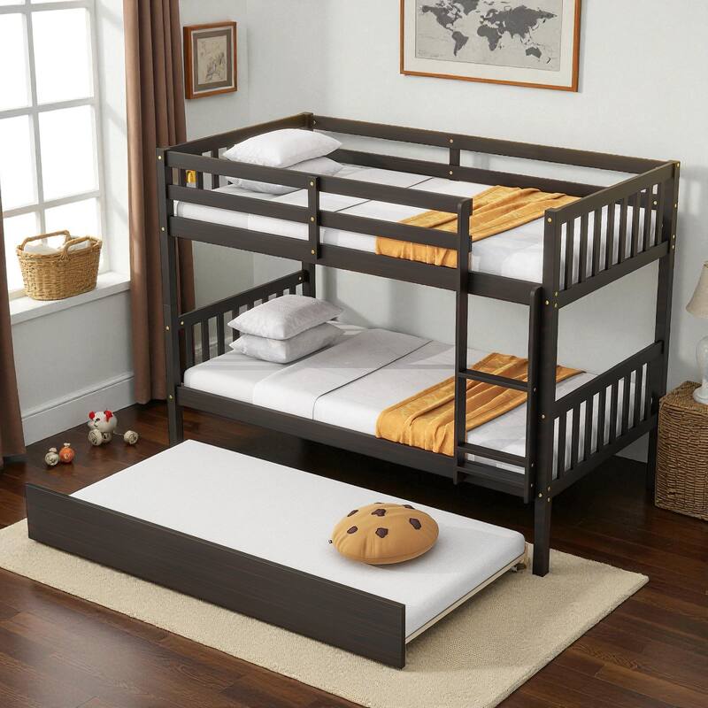 Twin Over Twin Rubber Wood Bunk Bed with Trundle, Convertible into Twin Beds, Ladder and Safety Guardrails