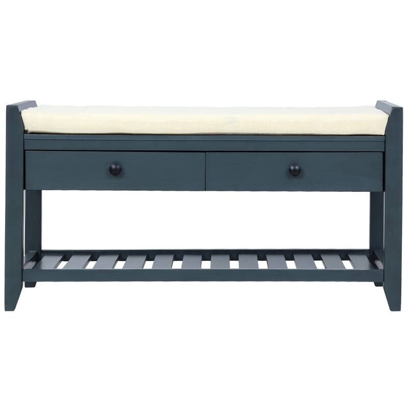 Shoe Rack with Cushioned Seat and Drawers, Multipurpose Storage Bench, Antique Navy - 39"L x 14"W x 19.8"H