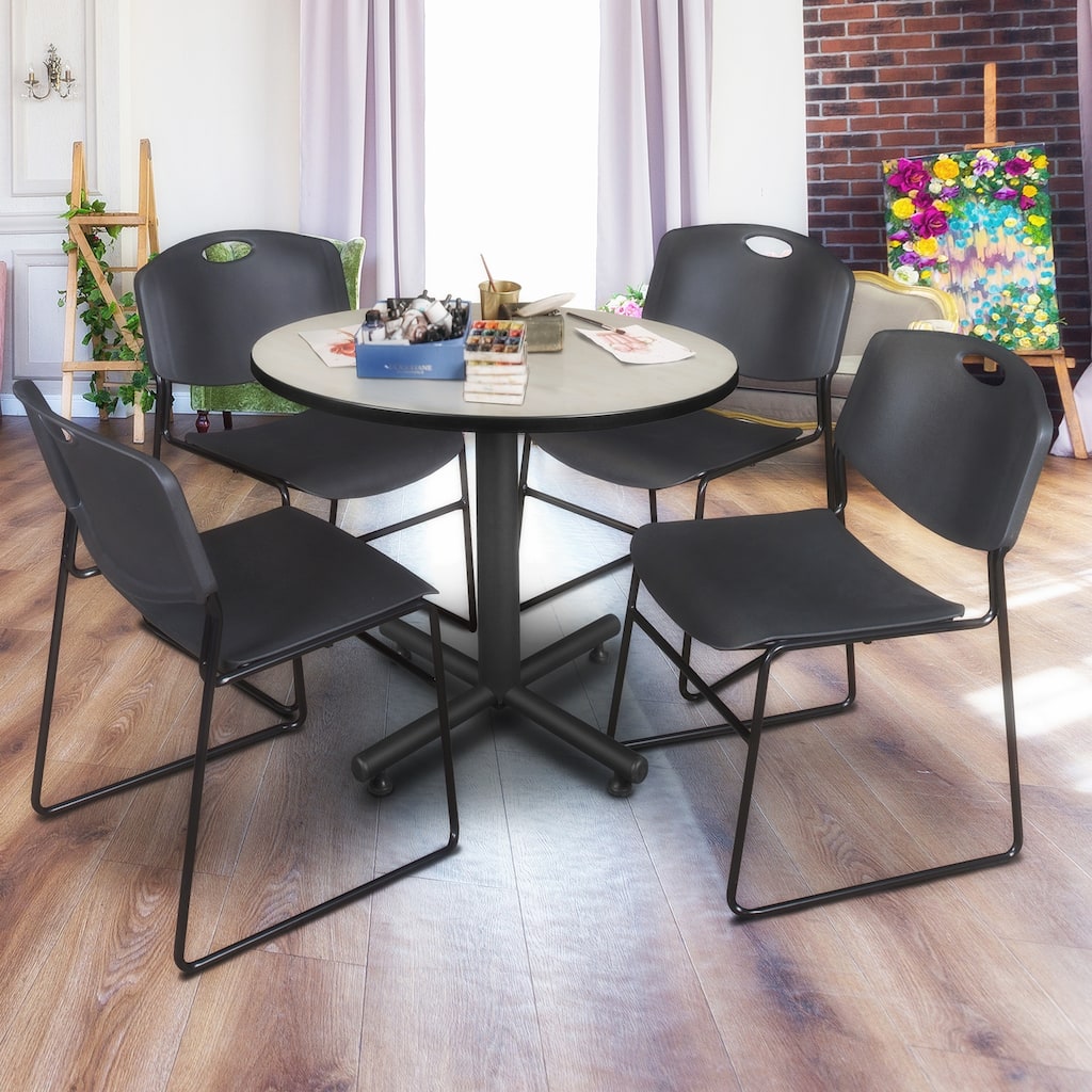 36 in. Round Breakroom Table- Maple & 4 Stack Chairs- Black