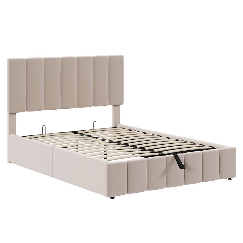Full Size Upholstered Platform Bed with Hydraulic Storage System in Beige
