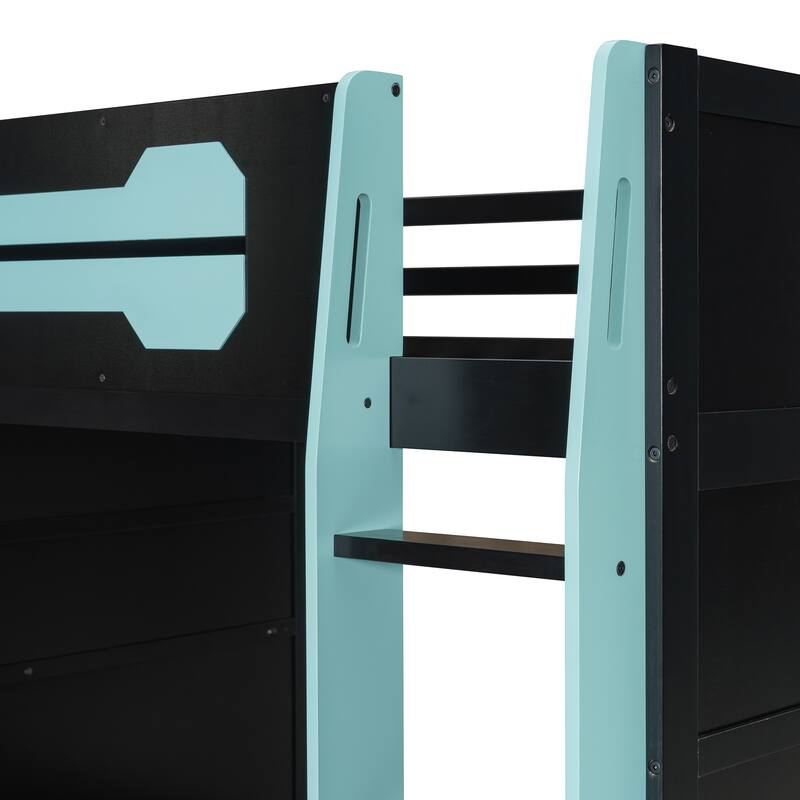 Full Size Esports Gaming Loft Bed Wood Frame Loft Bed with All-in-one Work Play Desk, Bookcase and RGB Ambient Light