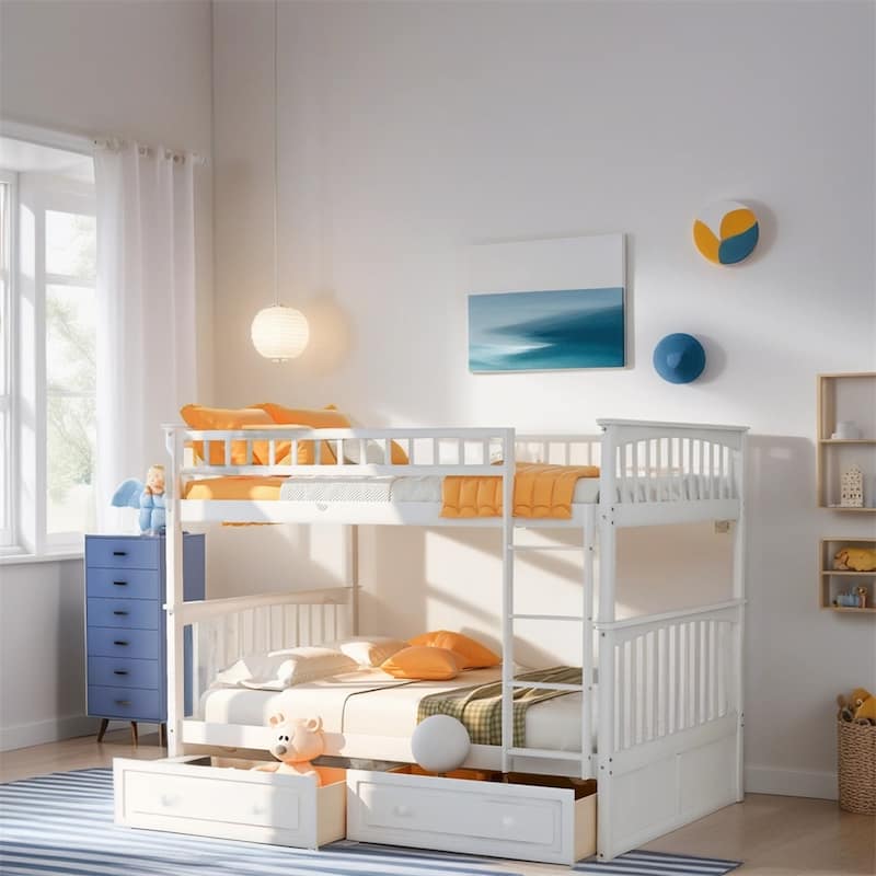 Full Over Full Wood Bunk Bed with Drawers and Guardrail