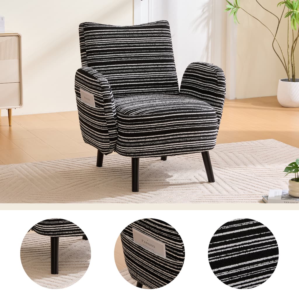 Modern style armchair with sanded fabric, Side storage pocket, Solid wood legs, Comfortable reading chair for living room