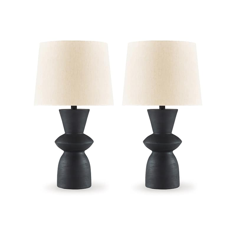 25 Inch Table Lamp Set of 2, Black Sculptural Solid Base, Drum Hardback