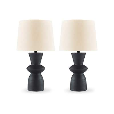 25 Inch Table Lamp Set of 2, Black Sculptural Solid Base, Drum Hardback