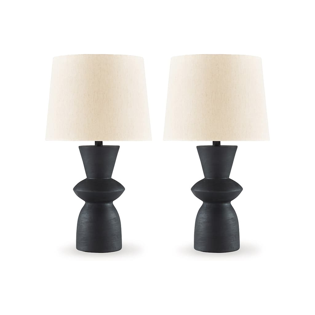 25 Inch Table Lamp Set of 2, Black Sculptural Solid Base, Drum Hardback