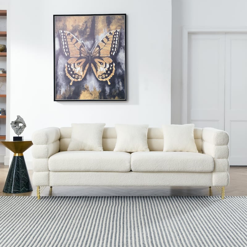 Roomfitters Luxury 3-Seater Teddy Fabric Sofa with Gold Metal Legs, Deep Seating Couch with Pillows