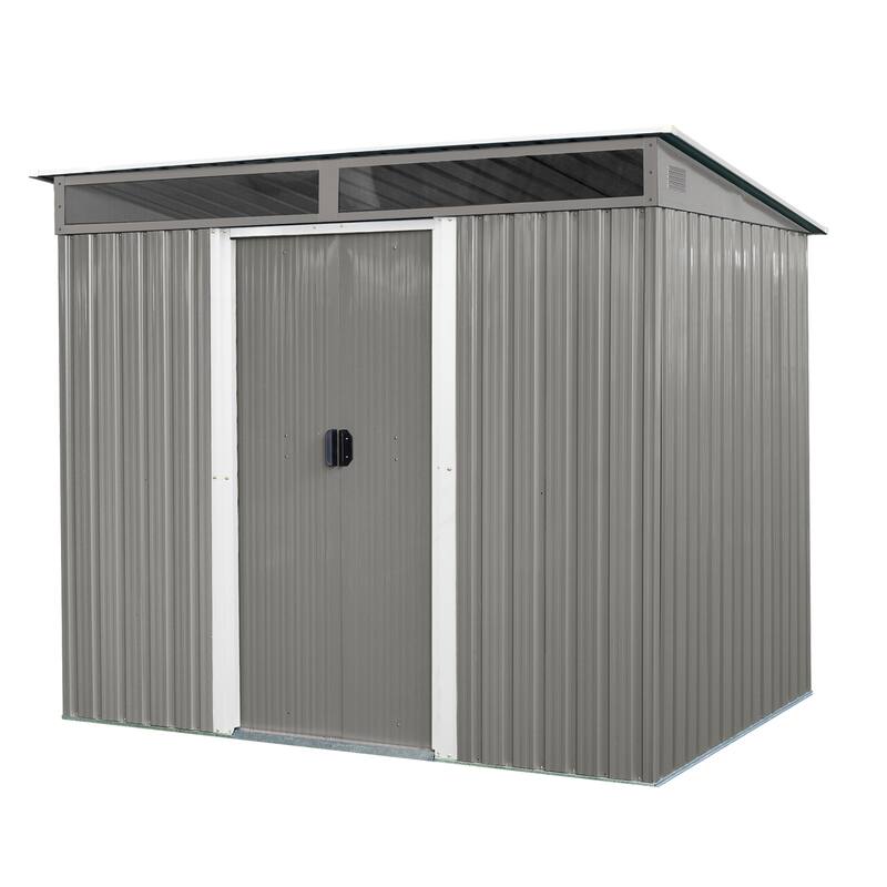 8ft x 6ft Gray Metal Storage Shed – Outdoor Garden Shed with Lockable Sliding Doors & Transparent Panels - 8ft x 6ft