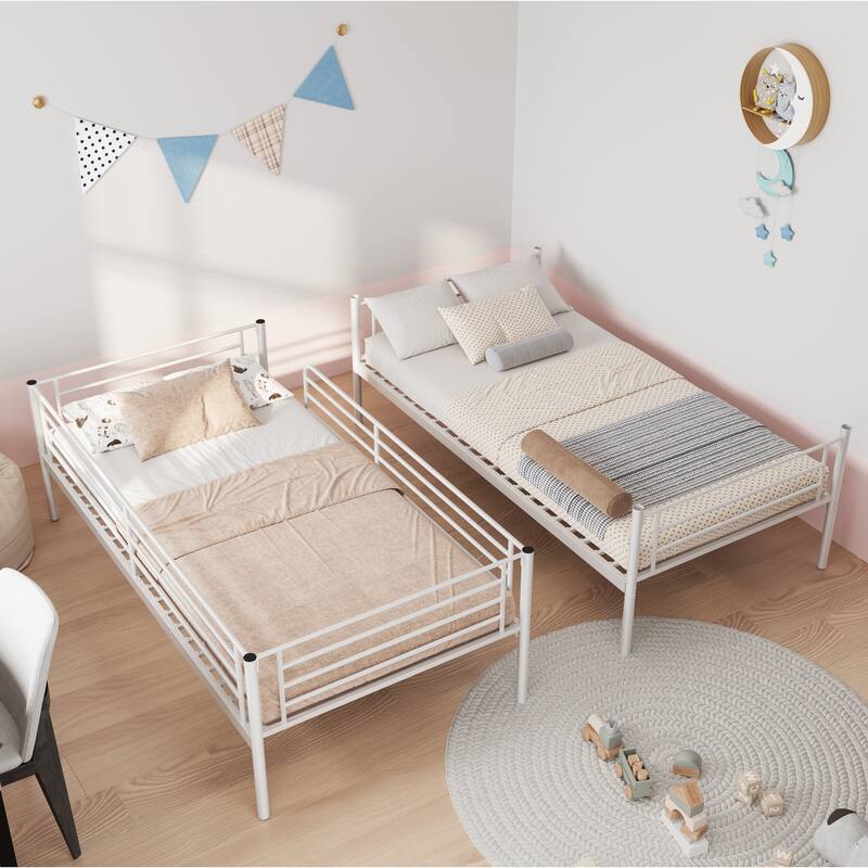 Convertible Twin Over Twin Metal Bunk Bed with Ladder & Safety Guardrail - White