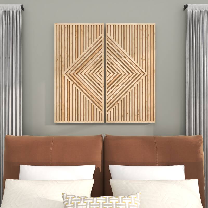 Brown Wood Carved Geometric Home Wall Decor (Set of 2)