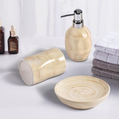 Bath Accessory Set, Color Glazed Beige with Brushed Brown-Texture Surface