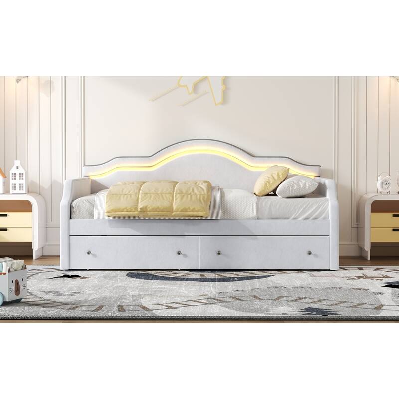 Full Size Velvet Upholstered Daybed with LED Lights and Storage Drawers