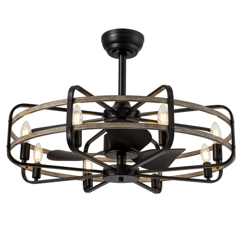 Industrial Black Caged Vintage Chandelier Ceiling Fan with Lights and Remote Control