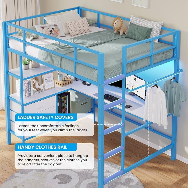 Loft Bed with L-Shaped Desk Charging Station Metal LED Lights 3 Fabric Drawers