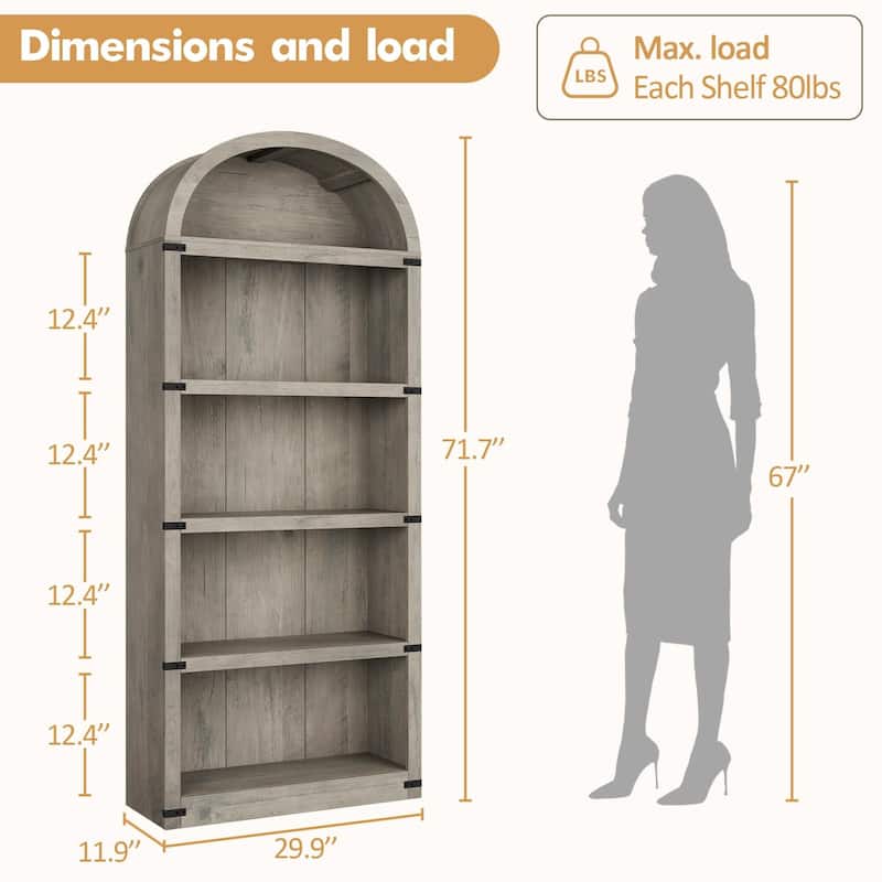 71.7" Tall Arched Bookshelf, 5-Tier Arched Display Cabinet with Storage Shelves