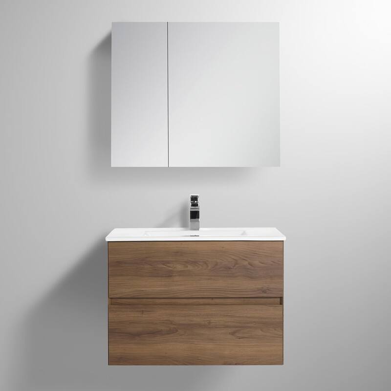 Blossom 30 Inch All Wood Wall Mounted Floating Bathroom Vanity with Sink - Brown Walnut - 30" Ceramic Sink