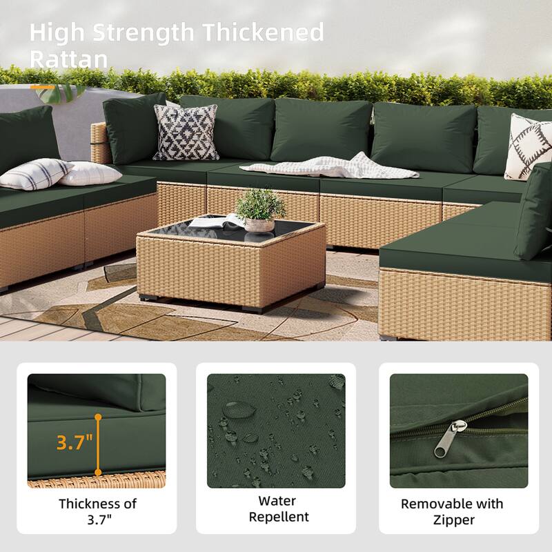 Patio Watcher Patio Conversation Set 9-Piece Yellow Wicker Sectional Seating Group with Cusions