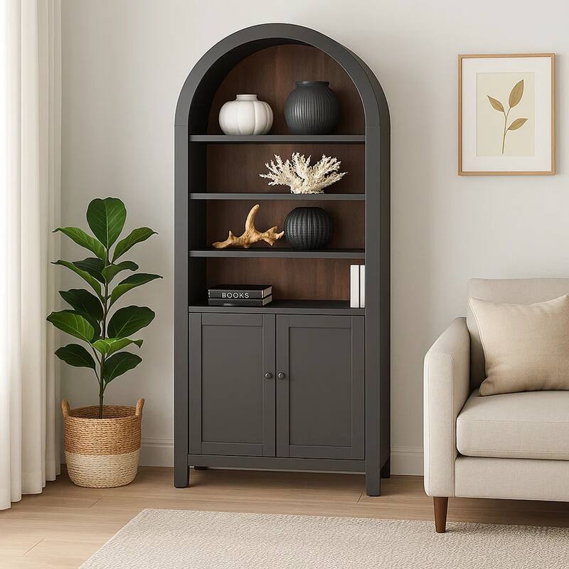 Xeny Arched Display Cabinet, 3 Shelves w 2 Doors, Gray Mahogany Wood