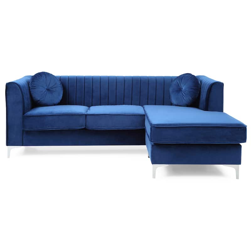 Navy Blue Velvet Sofa Chaise, 75x63x32 inches, 146 lbs, Semi-Assembled w/ Chrome Legs & Pillows