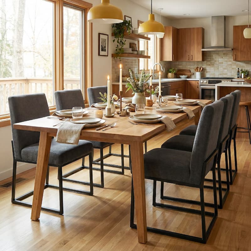 Mid Century Modern Dining Chair with Black Metal Legs - Set of 6 - Dark Grey-unstriped