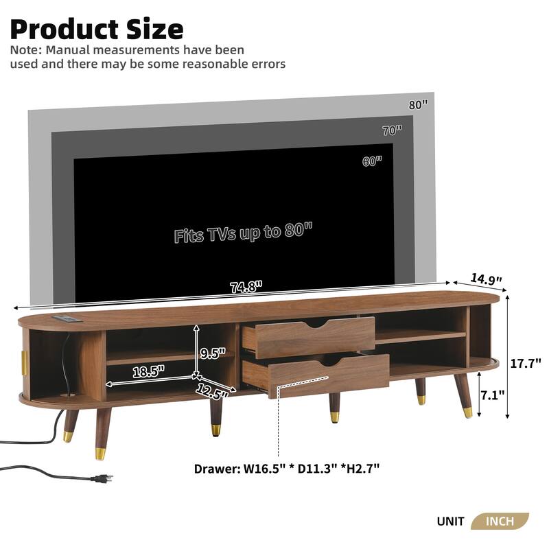 Wooden Oval Fluted TV Stand with Charging Station for TV up to 80", Mid-Century Media Console with Sliding Tambour Door