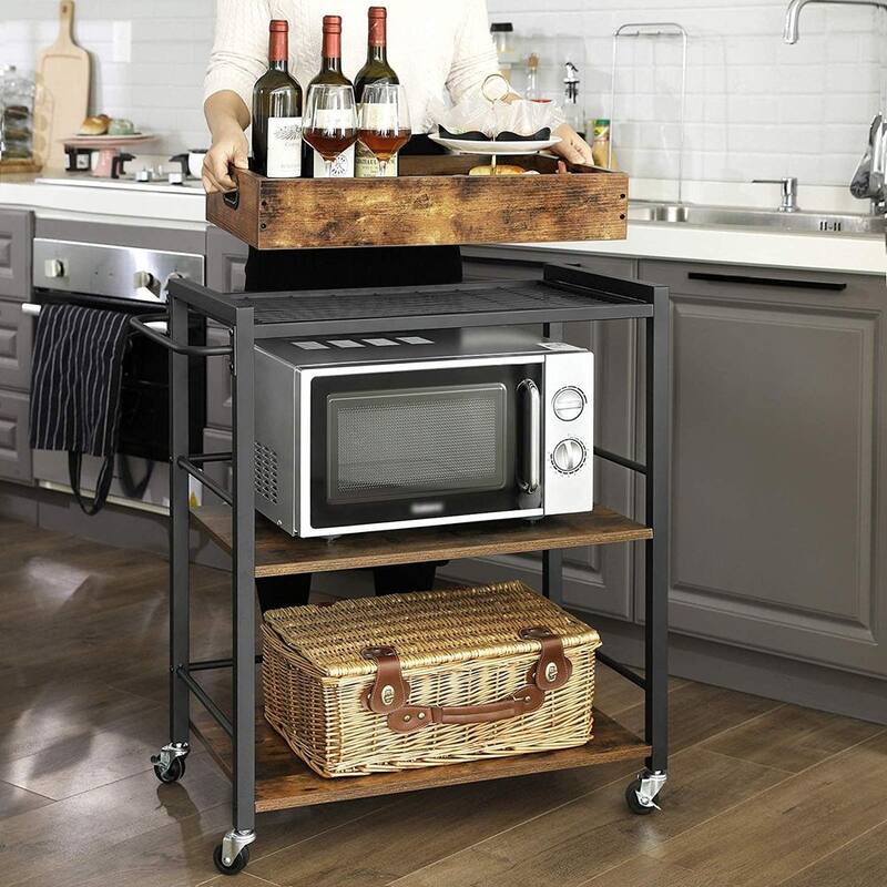 Rustic Brown Black Industrial Bar Cart with Removable Tray 3-Tier Storage and Lockable Wheels