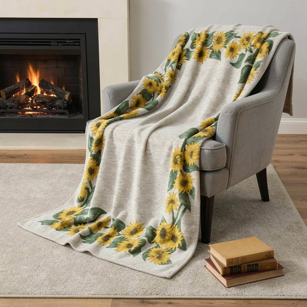 HomeRoots 50" X 70" Beige And Yellow Sunflower Floral Microfiber Plush Throw Blanket