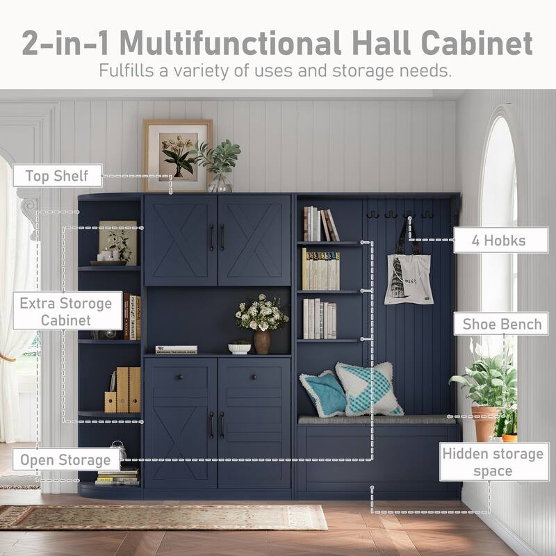 Roomfitters 2-in-1 Hall Tree and Storage Cabinet with Hooks and Shelves, Detachable Entryway Organizer for Living Room